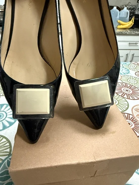 kate spade Black Patent Pointed Toe Flats with Cream Square Accent - Picture 5 of 8